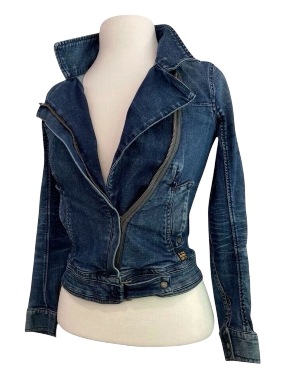 G-Star denim jacket zip front closure pockets stretchy cotton Elgin style XSmall